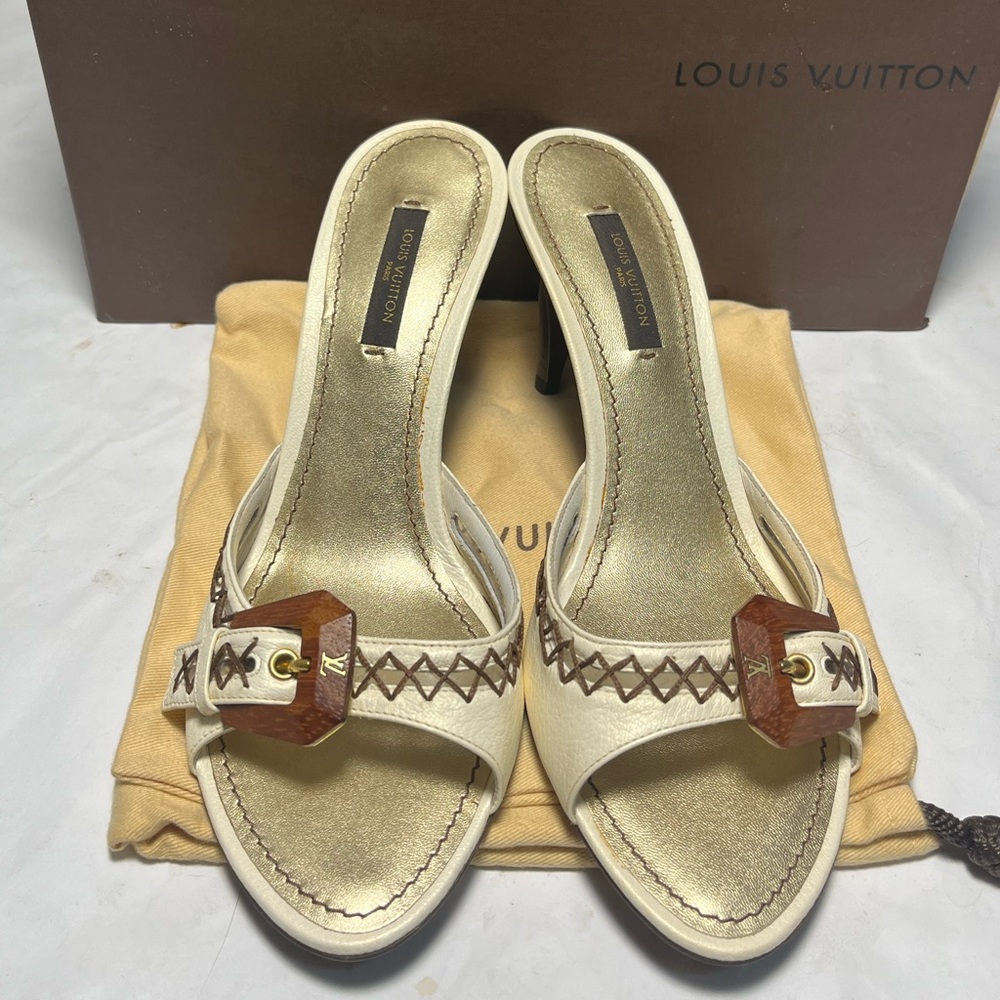 Louis Vuitton Never Used Vintage Cream Leather Buckle Kitten Heel Sandals
